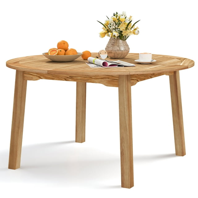 Gymax Table à Manger Ronde pour Patio en Bois d'Acacia, Table à Manger d'Extérieur avec Trou pour Parasol de 2 Pieds'