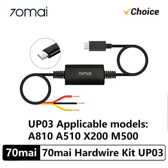 70mai UP03 Hardwire Kit, Parking Monitoring Cable for 70mai A810, A510, X800, X200, Omni, M500 Dash Cams, Supports 24-Hour Parking Monitoring