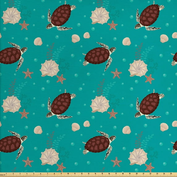Marine Fabric by the Yard, Continuous Bubbles Turtles Starfish and Shells, Decorative Upholstery Fabric for Sofas and Home Accents, Dark Seafoam Chocolate by Ambesonne
