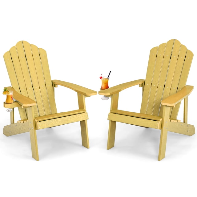 Patiojoy 2 Pcs Chaise Adirondack Hanches Chaise Adirondack avec Porte-Gobelet Grain de Bois Réaliste Chaise d'Extérieur Résistante aux Intempéries pour Capacité de Poids de 380 Lb Jaune