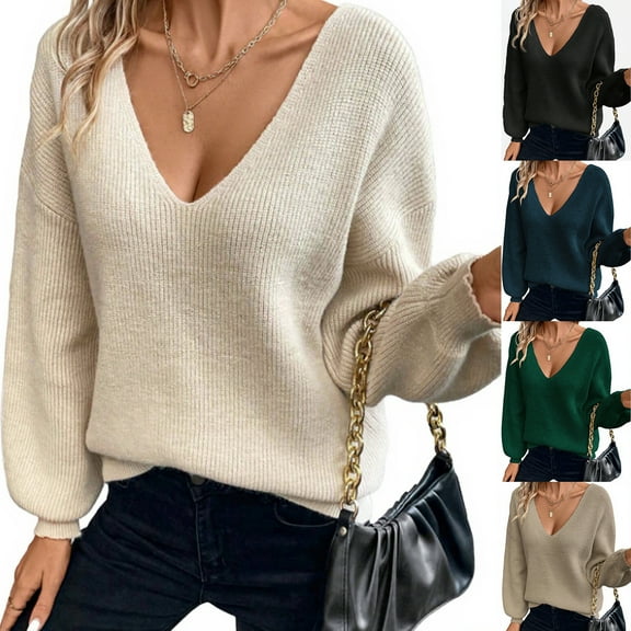 Women's Casual Loose Bow V-neck Solid Color Sweater for Fall Winter Bow Accents,Black,L