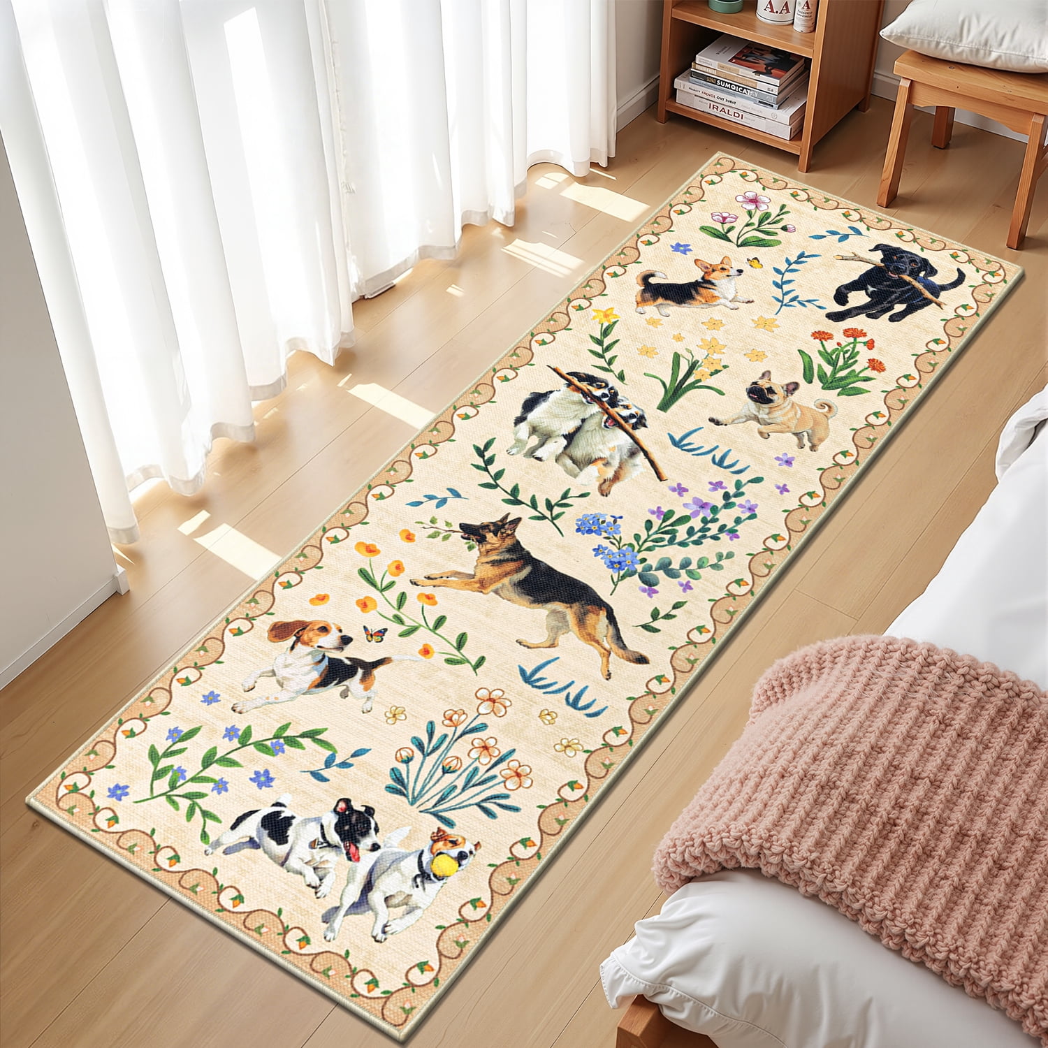 MJIAexp 2'x6' Jute Animal Dog Floral Kitchen Runner Rug,Woven Texture Machine Washable Runner Rug Non-Slip Rubberback Hallway Runner Laundry Rug Throw Carpet for Living Room Bedroom Dining Room Entry
