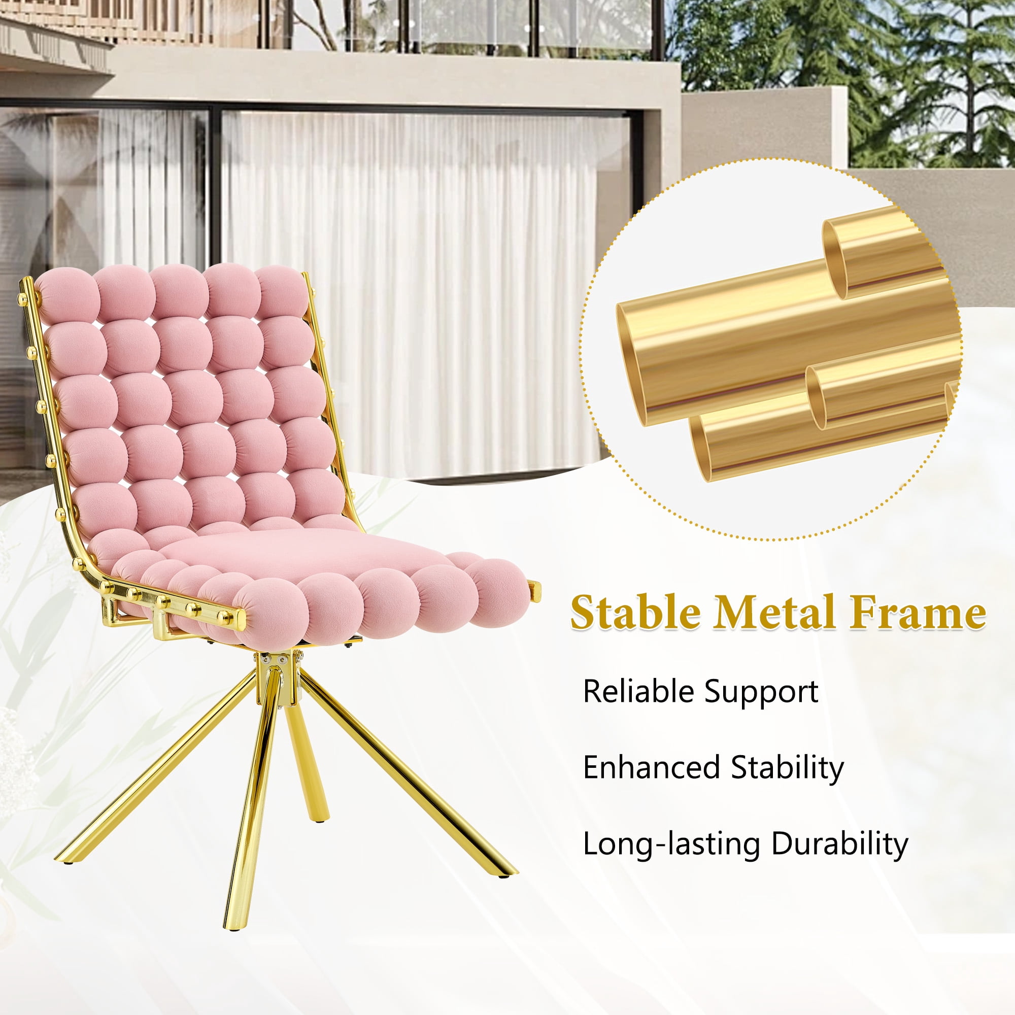 Aukfa Velvet Swivel Dining Chairs Set of 2, Modern Bubble Tufted Kitchen Side Chairs, Gold Metal Legs,Pink
