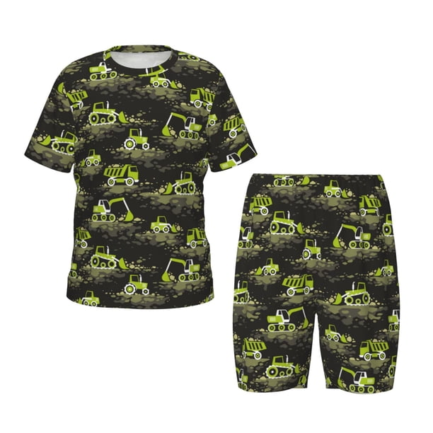 Fotbe Light Green Excavator Pijama Estampada de 2 Piezas para Niños – Ropa de Dormir de Manga Corta Cómoda para Niños y Niñas, Camiseta y Shorts de Algodón-XX-Large