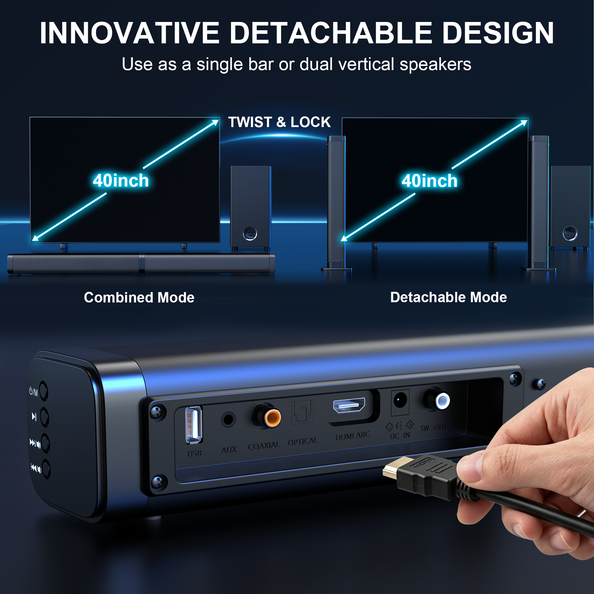FRESHDEW Barra de sonido con subwoofer, 2.1 canales separable para TV, sonido envolvente 3D para cine en casa, conexión Bluetooth/HDMI-ARC/Aux/Óptico 7