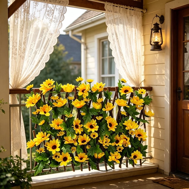 Panel de Cerca de Seto Artificial con Hojas Falsas Densas y Flores Amarillas, Pantalla Decorativa Resistente a la Intemperie para Balcones, Jardines y Espacios Exteriores