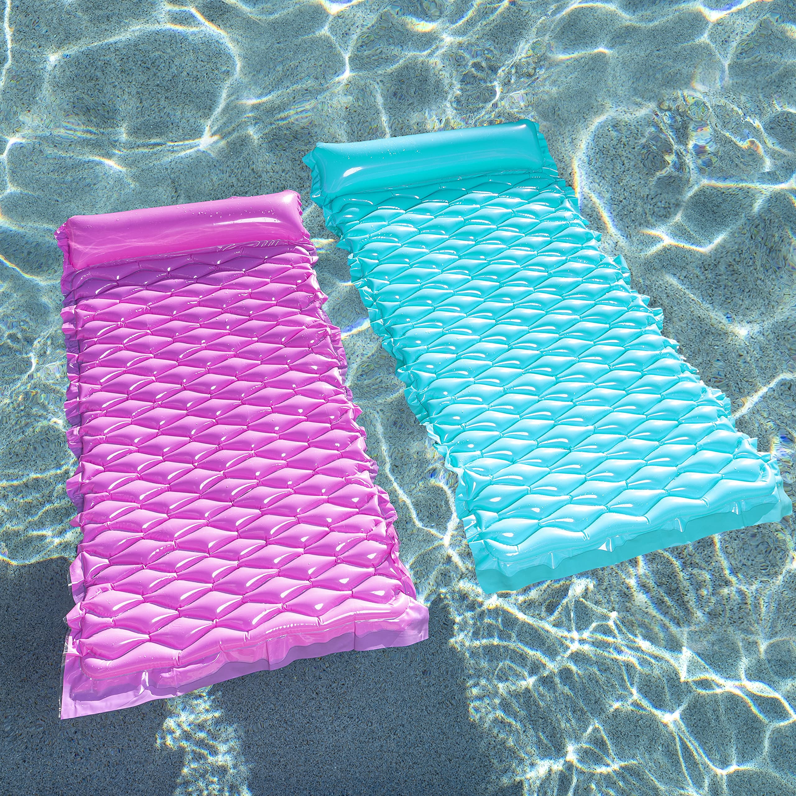 Joyfy 2 Packs Inflatable Pool Floats Raft, Pool Lounge for Adults, 64x32 inch Swimming Mat Pool Mattress with Headrest, Float Air Mat Pool Raft for Summer Water Beach Fun