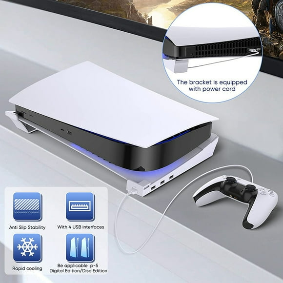 Horizontal Stand for PS5 with 4 USB Extension, Cabinet Console Laydown Holder, for Playstation 5 Disc & Digital Edition
