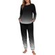 thumbnail image 4 of Conjunto de pijama informal de invierno para mujer, de doble cara, con cuello redondo estampado, manga larga, top anudado a mano, pantalones con cordón ajustable, ropa de casa, blusa de poliéster., 4 of 7