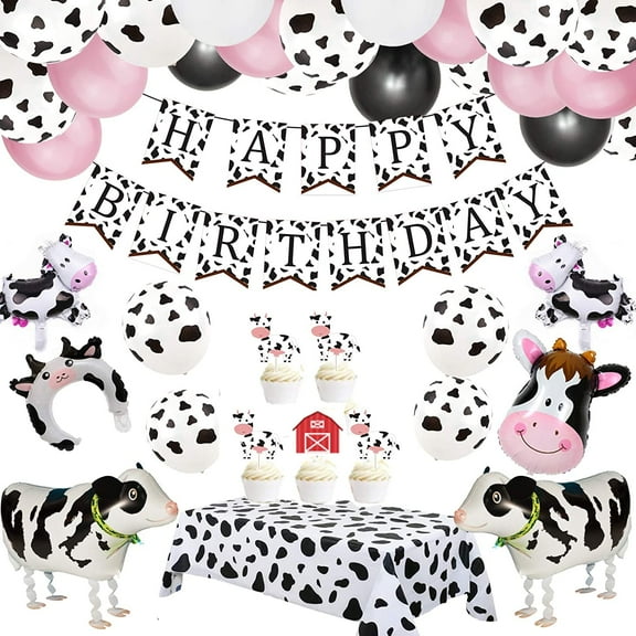Finypa Cow Theme Party Decorations 63pcs Arch Garland Kit with, Happy Birthday Banner for Farm Cow Baby Shower Birthday Tablecover Party Supplies Cowboy Party Balloons Farm Animal Theme Party