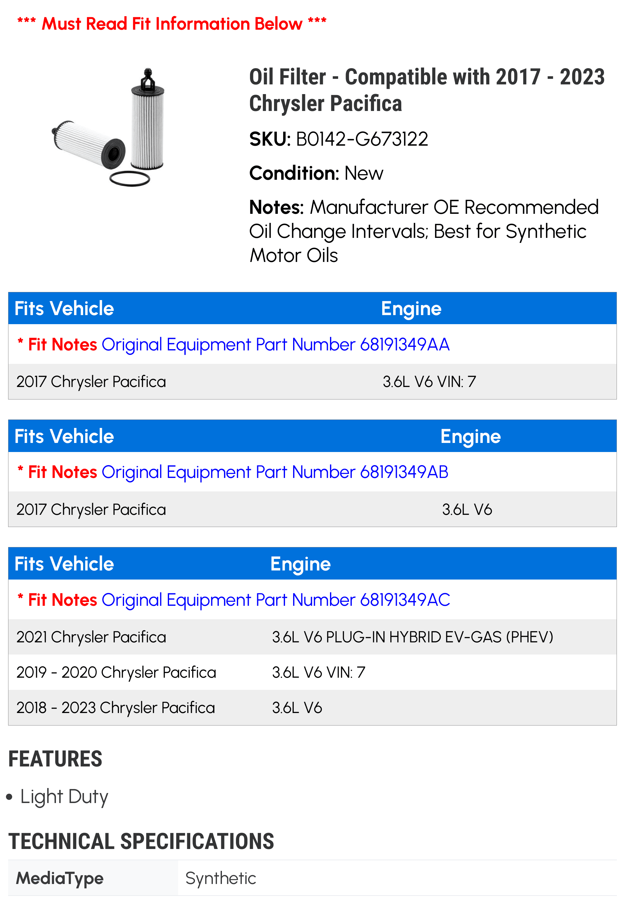 Oil Filter - Compatible with 2017 - 2023 Chrysler Pacifica 2018 2019 2020 2021 2022