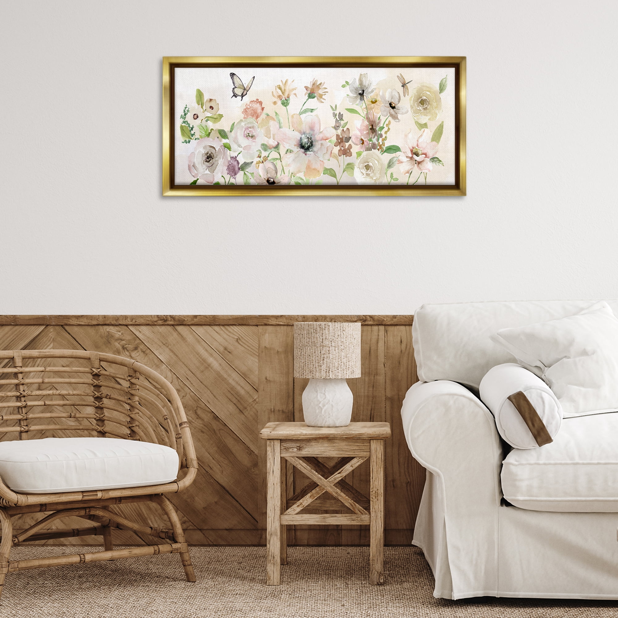 Stupell Industries Fluttering Insects & Florals Plants & Flowers Painting Gold Floater Framed Canvas Art Print Wall Art, 31 x 14