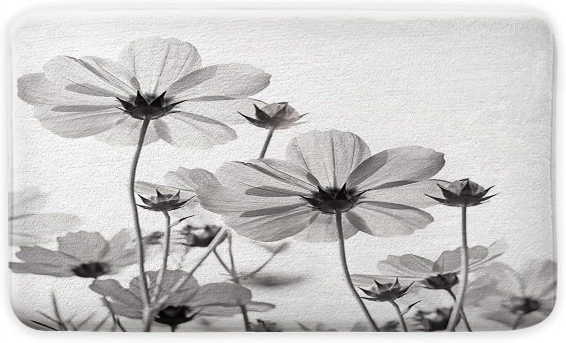 Grey Bathroom Rugs Mat, White and Grey Daisy Flower Elegant Wildflower Design Farmhouse Bath Rugs, Unique Floral Door Mats, 15.7X23.6in