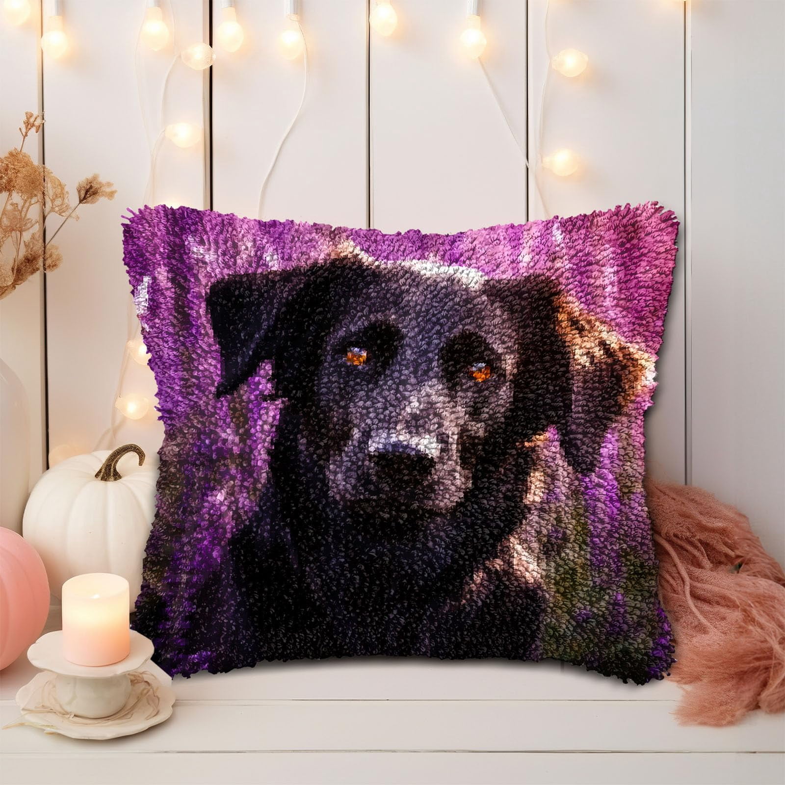 Black Labrador Retriever in Lavender DIY Latch Hook Pillow Kits for Adults Printed Pillowcase Crochet Yarns Hooking Handmade Pillow Cover Cushion for Home Sofa Decoration 17x17inch