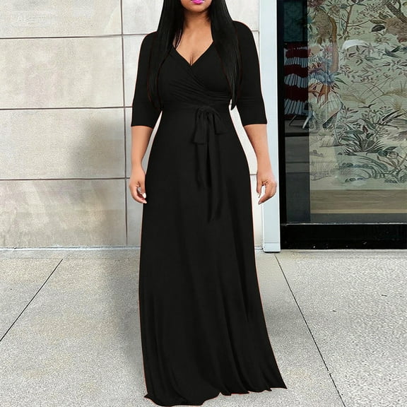 Qulqfy Maxi Womens Wedding Guest Dress 3/4 Sleeve Black Flowy V Neck A Line Empire Waist Plus Size Dresses Dress for Women L