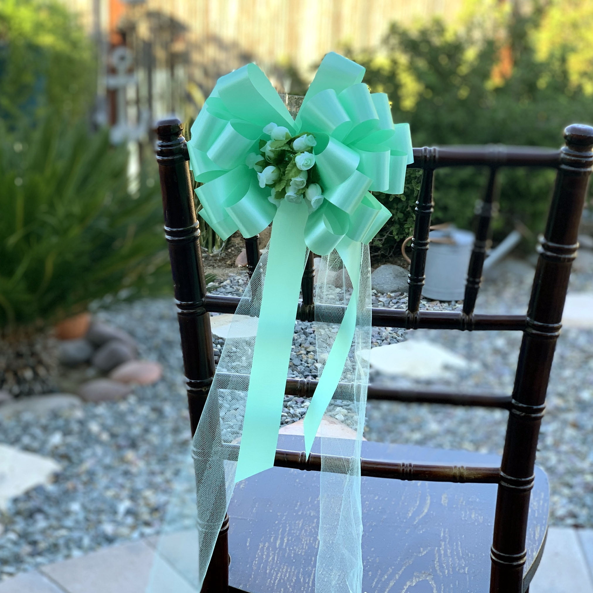Mint Green Pull Bows with Tulle Tails and Rosebuds - 8" Wide, Set of 6, St. Patrick's Day, Wedding Pew Bows, Aisle Decoration, Reception, Anniversary, Christmas
