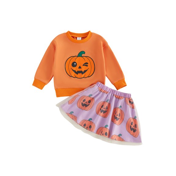Cjfdfy Toddler Baby Girl Halloween Outfit Kids Baby Girls Fall Winter Clothes 1 2 3 4 5 6 Years Cute Pumpkin Printed Long Sleeve Sweatshirt and Tulle Tutu Skirt 2 Piece Set