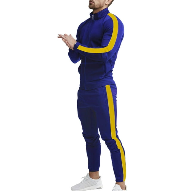 Innerwin Tracksuit Stand Collar Men Sweatsuits Running Zip Up Comfy 2 Piece Jogging Set Royal Blue Yellow M