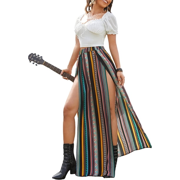 Falda larga de verano con flecos y estampado floral bohemio para mujer Multicolor Striped M Multicolor Striped M Xishao ropa