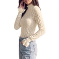 thumbnail image 3 of INSPIRE CHIC Women's Blouse Mock Neck Cuffed Sleeves Ruffle Trim Sheer Mesh Pullover Shirt Spring Autumn See Through Floral Lace Tops Large Apricot, 3 of 5