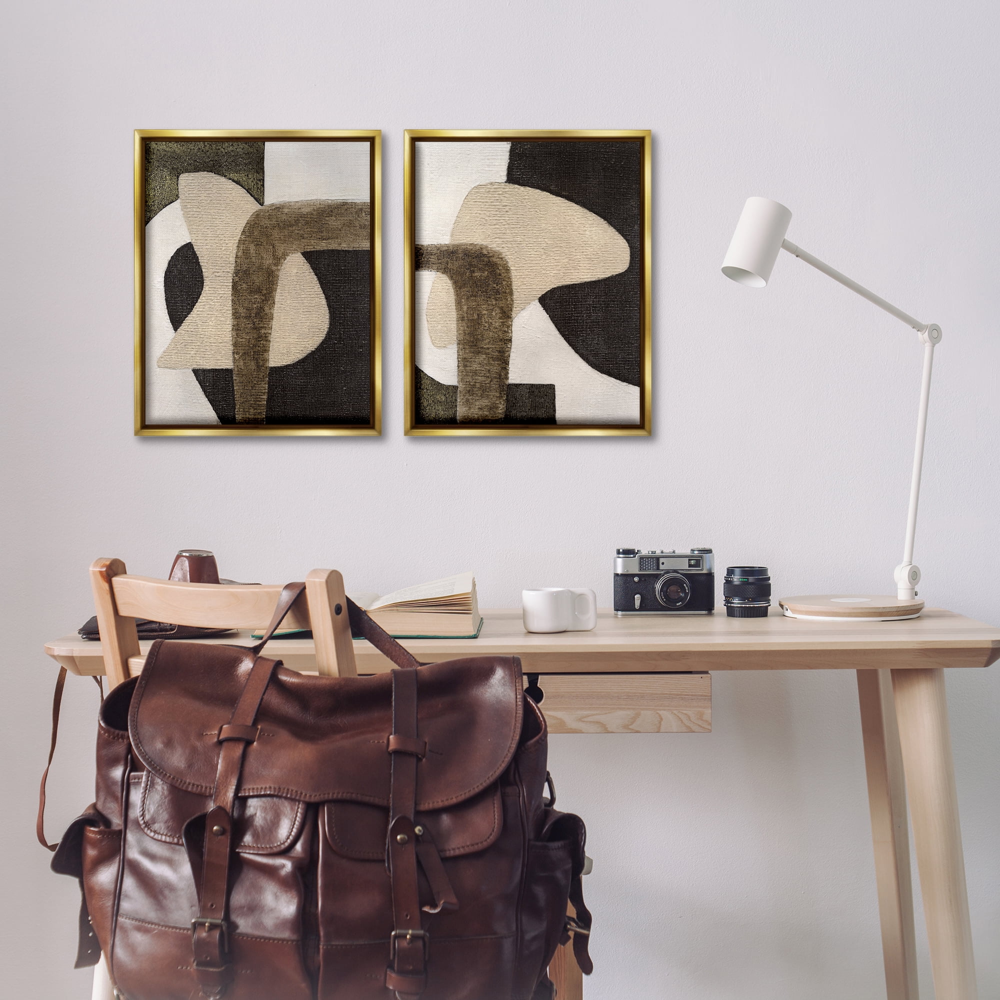 Stupell Industries Minimalist Brown Beige Shapes Abstract Painting Gold Floater Framed Canvas Art Print Wall Art, 17 x 21, Set of 2