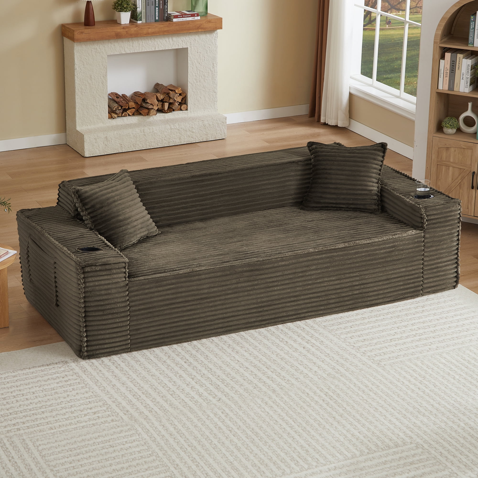 Leumius 3 Seater Cloud Sofa,Boneless Couch with Cupholders,Upholstered Corduroy Fabric Modern Loveseat with Deep Seats for Living Room Bedroom,No Assembly Needed,Brown