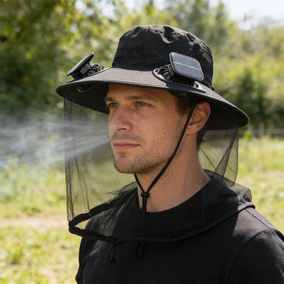 Spray Cooling Fan Hat Summer Fisherman Sun Hat with Solar & USB Charging,Mist Cooling Fan Hat for Outdoor Fishing Hiking Beach Travel