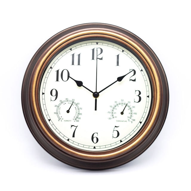 Reloj de pared silencioso retro de 12 pulgadas para interiores y exteriores, resistente al agua y con termómetro