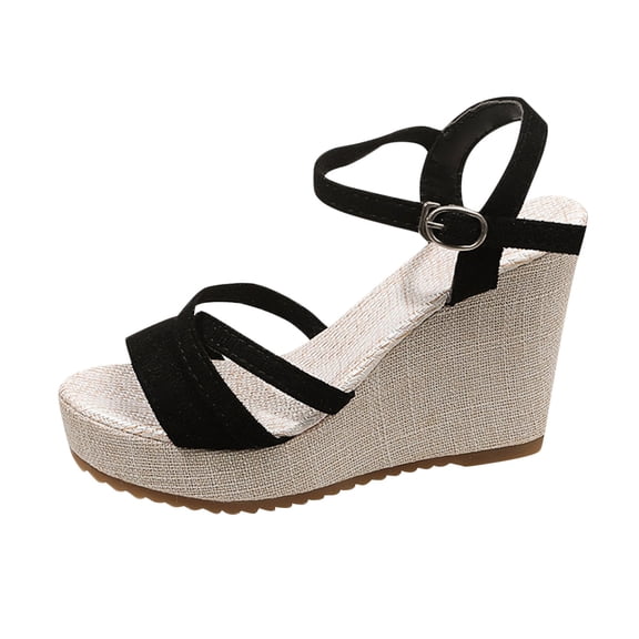 OWUUcdse Platform Wedge Sandals for Women, Non-slip Open Toe Casual Buckle Comfort Sandals Black Size 5.5