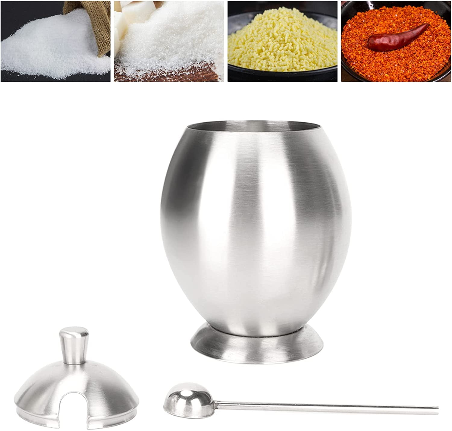 ABCISI Condiment Container, Stainless Steel Egg Shaped Oval Condiment Jar With Spoon, Seasoning Container For Kitchen Resturant