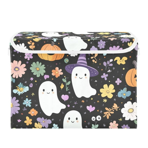 Colorful Flowers Pumpkins Halloween Specters Foldable Storage Bin with Lid and Handle Collapsible Storage Box 16.5 x 12.6 x 11.8 inches