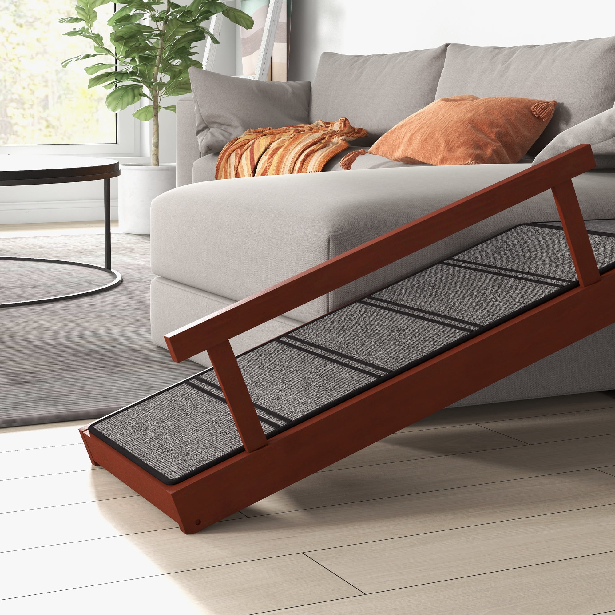 Dog Ramp, Dog Stairs for Small, Medium & Large Dogs, Pet Ramp for Bed or Couch with Removable Guardrails, Non-Slip Surface, 49" Long, Brown