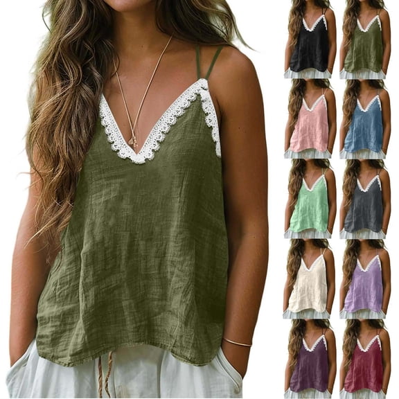 Hueook Linen Tank Tops Woman Plus Size Flowy Fashion Lace V-Neck Sleeveless Spaghetti Strap Cami Bandage Top Camisoles Army Green 2X