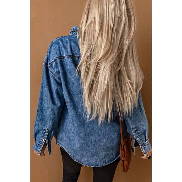 ABPHQTO Chaqueta vaquera de manga larga con bolsillos en el pecho para mujer