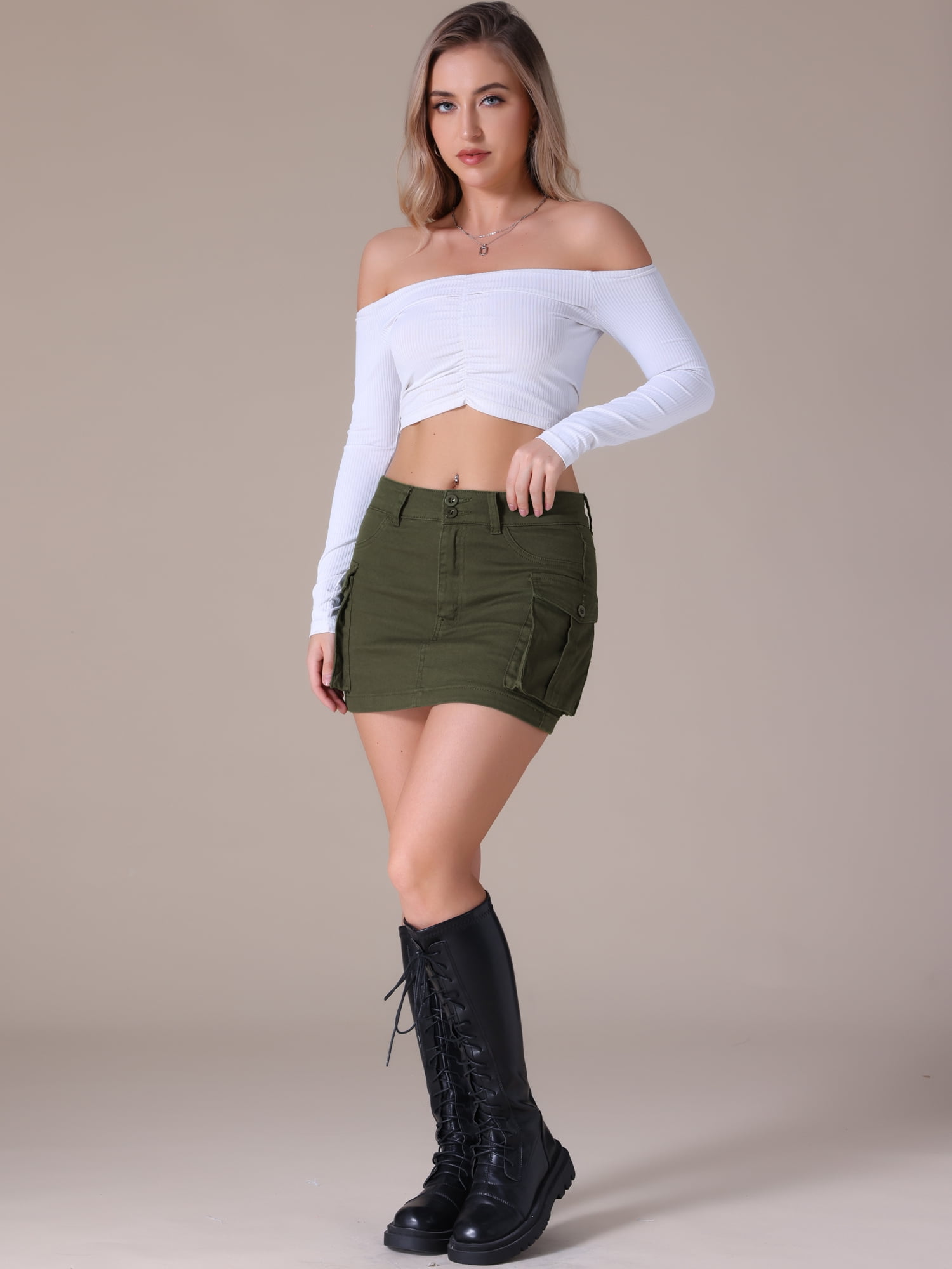 DARING DIVA Women's Denim Skirt Cargo Pockets Button Mini Jeans Skirts S Army Green