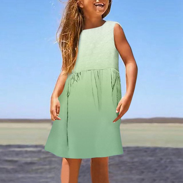 WEAIXIMIUNG Tenue Fleurie Filles Robe d'Été Sans Manches Ligne A Extensible Confort Col Rond Décontracté avec Imprimé Dégradé pour Enfants Plage & Activités Extérieures 110