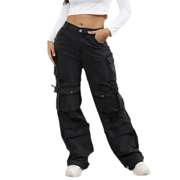 Women's High Waist Baggy Jeans Flap Pocket Cargo Pants Loose Denim Pants Streetwear