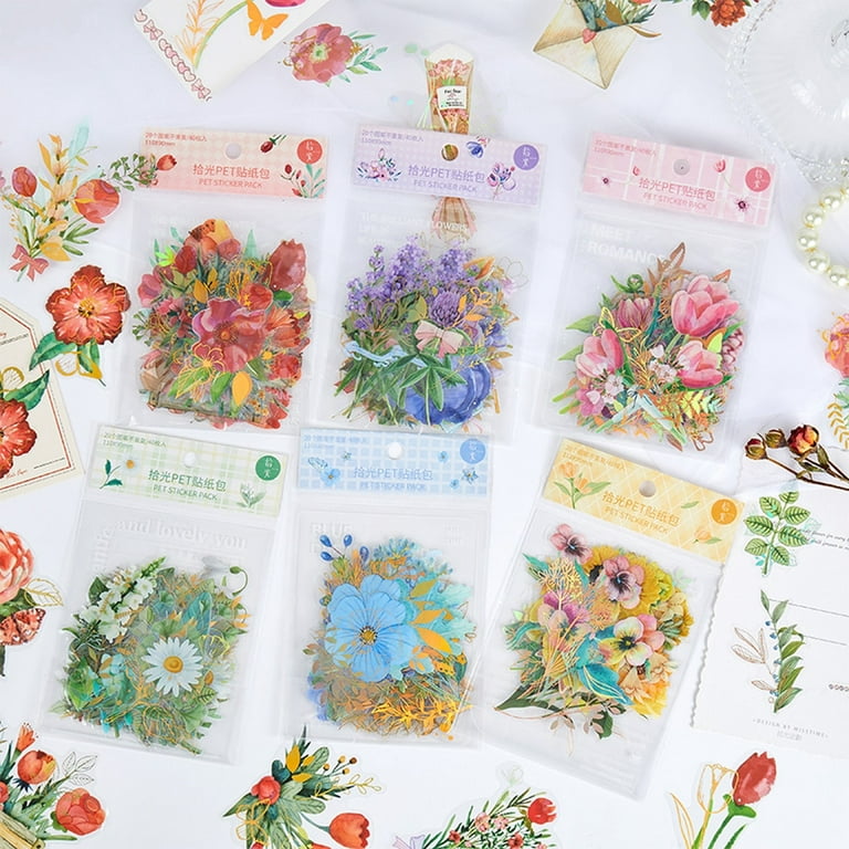 40 PCS Vintage Flowers Stickers Pack, Translucent Flowers Sticker
