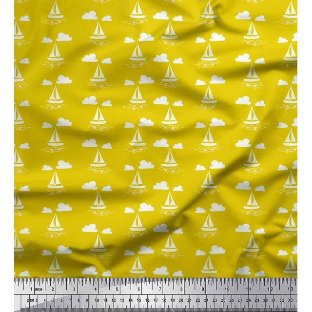 Soimoi Polyester Crepe Fabric Cloud,Fish & Yacht Nautical Print Fabric by The Yard 42 Inch Wide