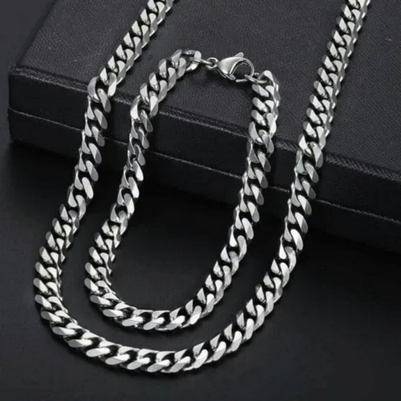 7MM Necklace Bracelet Set Curb Cuban Link Stainless Steel Chain Silver For Men
