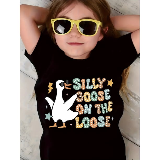 Camiseta estampada de ganso rosa para niña: suave, elástica y cómoda, de manga corta y cuello redondo con letras coloridas, ideal para el verano. Camisetas para niña.