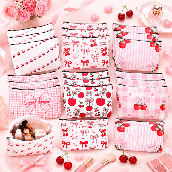 18 Pcs Pink Cherry Bow Makeup Bags, Canvas Cosmetic Pouches with Zipper for Travel Storage, Party Favors Gifts for Women Friends, Coquette Style Organizer for Valentine's Mother's Day