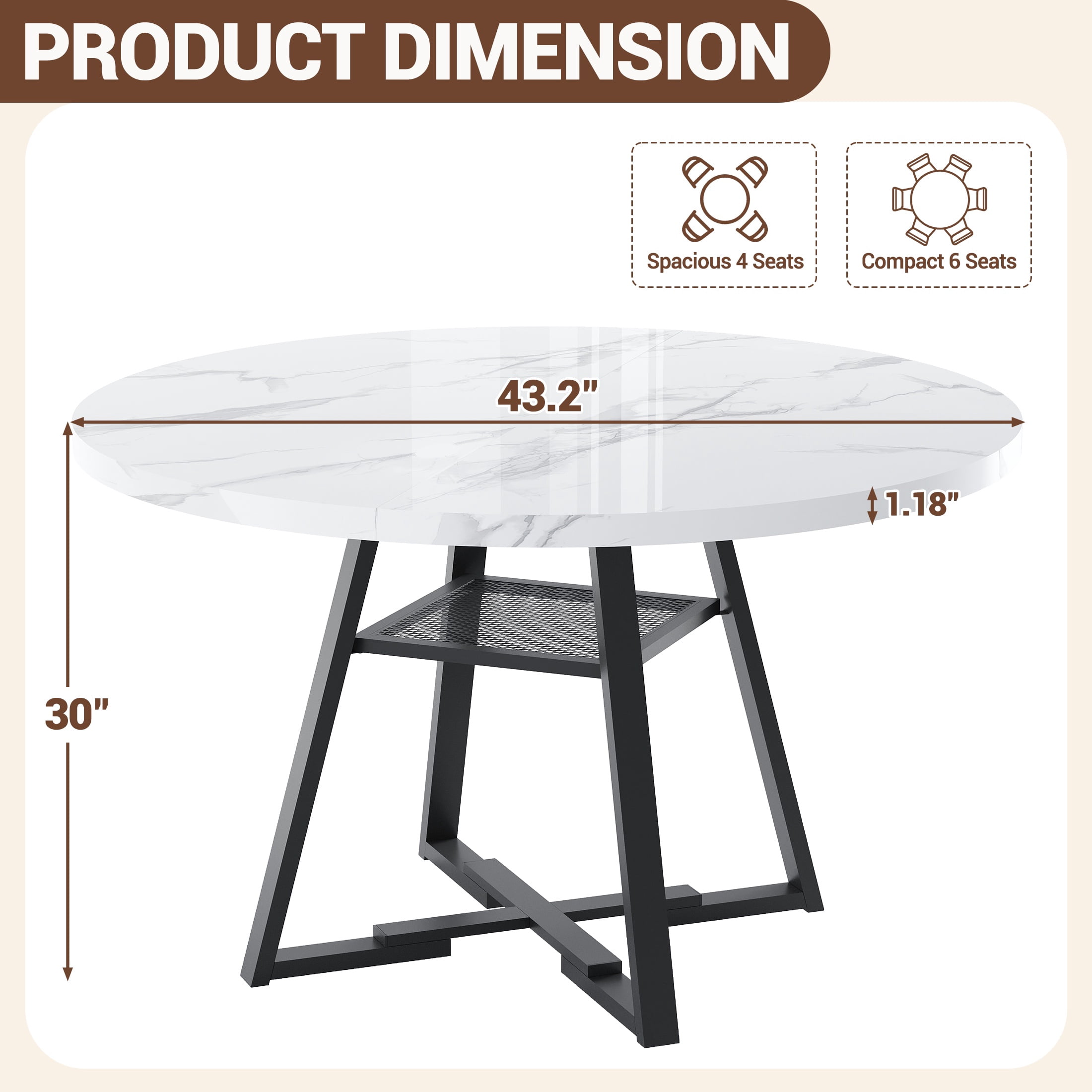 UHOMEPRO Round Kitchen Table for 4, Faux Marble Dining Table with Storage Shelf, Modern High Glossy Dining Room Table with Sturdy Cross-Shaped Base Support (Only Table), White
