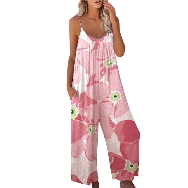 Mono sin mangas para mujer VISgogo con estampado floral, versión de pierna ancha, tirantes finos, ropa de verano VISgogo moda