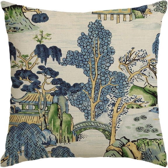 Chinoiserie Blue Trees House Bridge Throw Pillow Cover, 18 x 18 Inch Cushion Case Outdoor Decoration for Sofa Couch Farmhouse