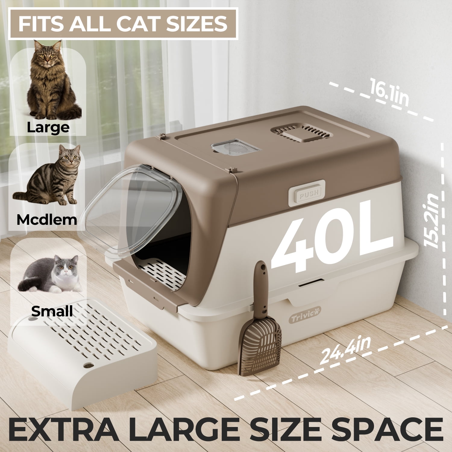 Stainless Steel Cat Litter Box with Lid, XX-Large Extra Large Litter Boxes for Large Cats,Enclosed Removable Metal Kitty Litter Box with High Sided,Magnetic Door,40L Box, Litter Trap Step/Mat（brown）