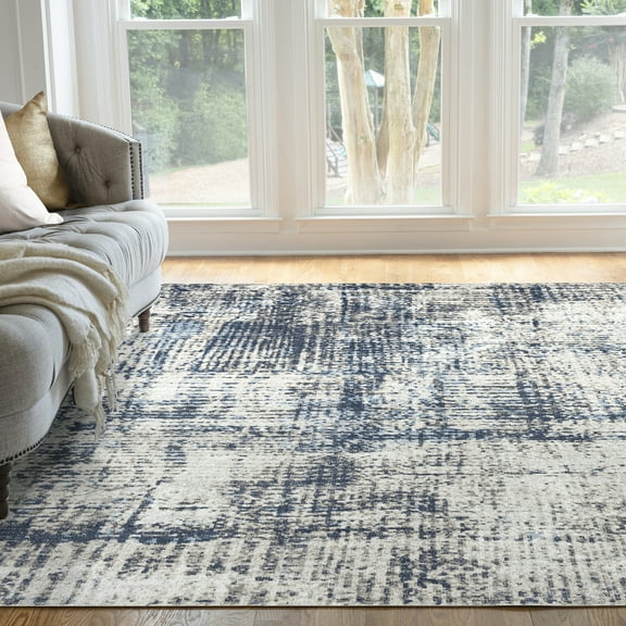 Contemporary 5x8 Area Rug (5'3'' x 7'3'') Abstract Navy, Navy Living Room Easy to Clean