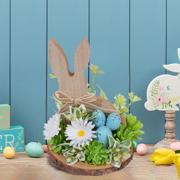 Easter Rustic Wooden Ornaments - Cute Rabbit & Easter Egg Shaped Desktop Decor, Floral Accent Home Bucolic Style Decoration, Festive Crafts for Easter Home Decor, 5.51*4.53in, Blue