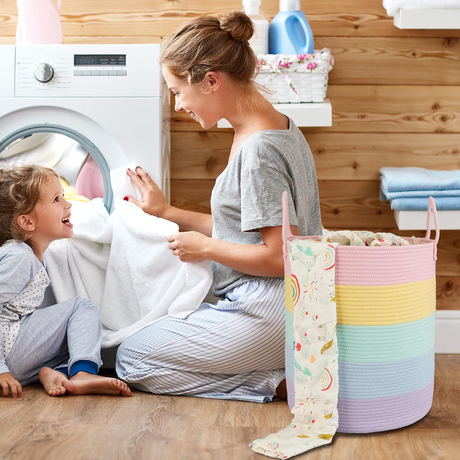 WarmHaven Rope Laundry Basket Hamper for Kids Girl Woven Storage Basket for Living Room Bedroom Boho Tall Baskets for Blanket Toys Pillow Towels Baby Nursery Hamper Bin rainbow