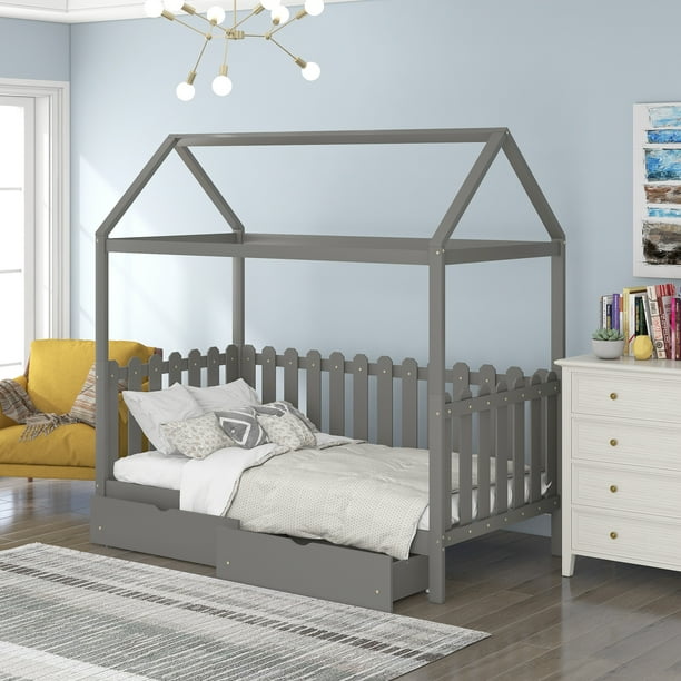 Euroco Twin Size House Bed With Drawers, Twin Canopy Bed With Drawers
